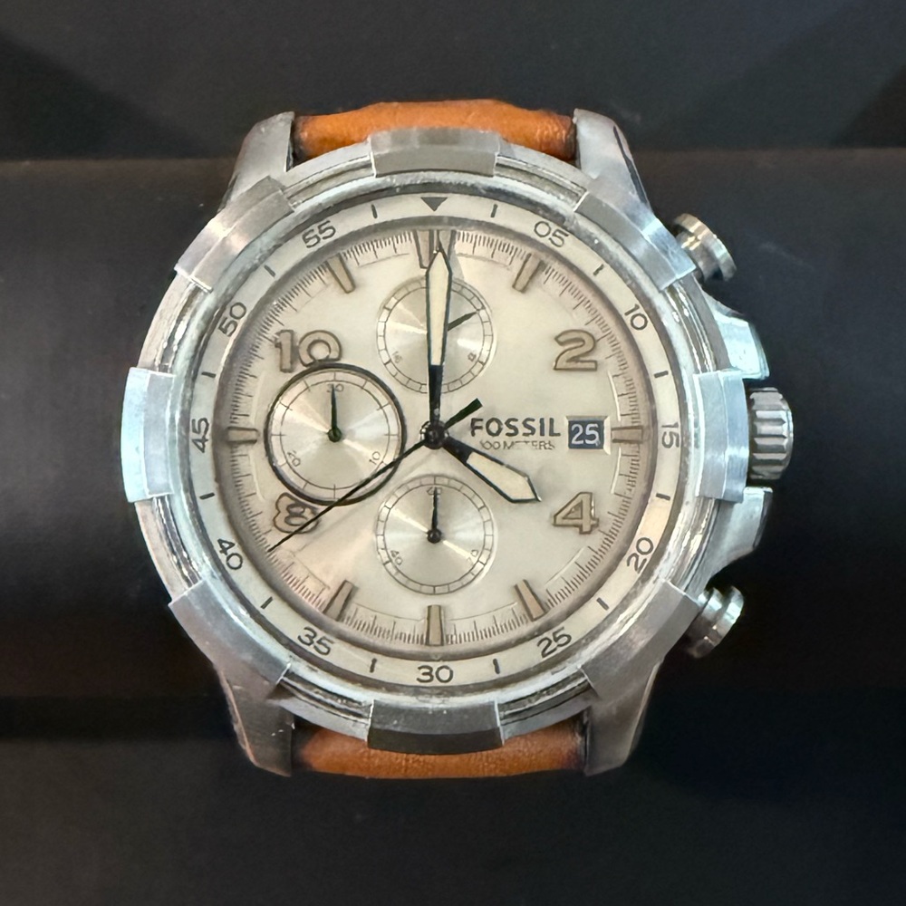 Fossil Silver Dial with Brown Leather Strap Watch